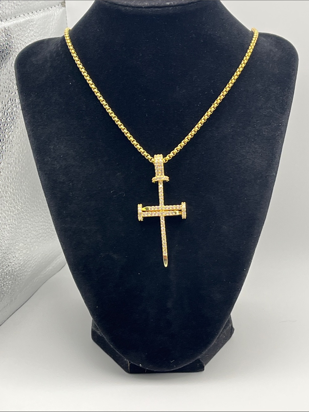 24”, Gold over Stainless Steel Crystal Nail Cross Pendant w/ Rollo Necklace